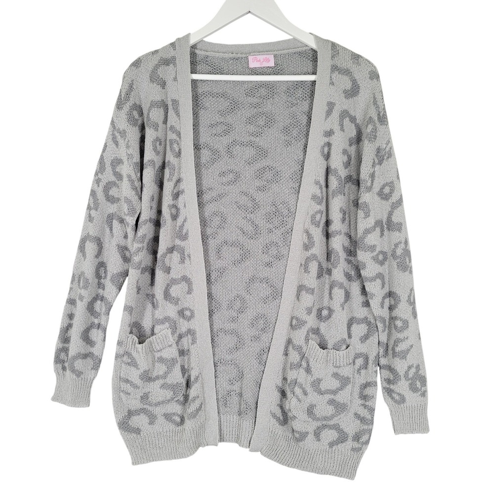 Pink Lily Cardigan Womens S Gray Leopard Animal Print Open Front Pockets Oversiz
